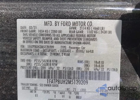 2021 Ford Mustang Ecoboost Premium z USA, uszkodzony, nr VIN 1FATP8UH2M5120209